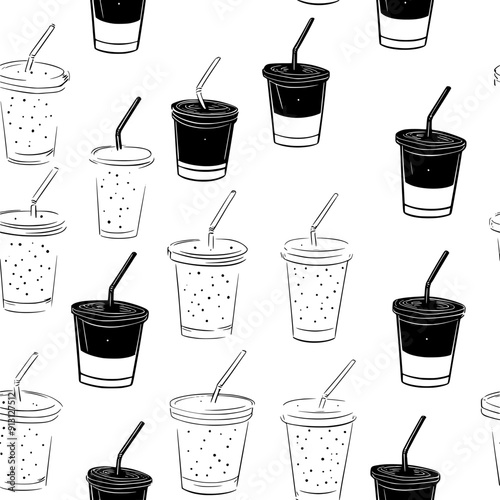 Repeating sequence of smoothie cups in a regular pattern, seamless pattern vector
