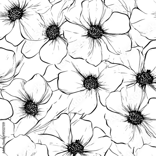 Repetitive sequence of blooming flowers in a structured layout, seamless pattern vector