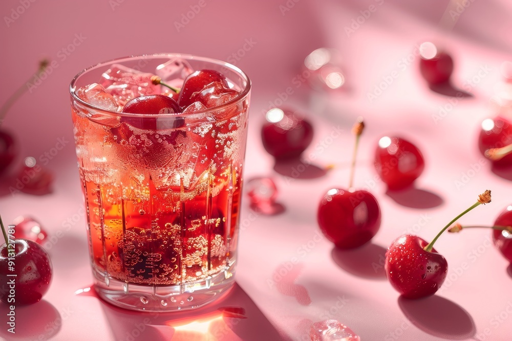 A drink in a glass made of cherry juice, magnesium powder and a soft drink, sleepy mocktail A drink in a glass made of cherry juice, magnesium powder and a soft drink, sleepy mocktail