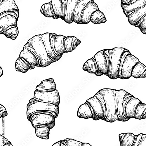 Rows of croissants parallel across the entire paper, seamless pattern vector