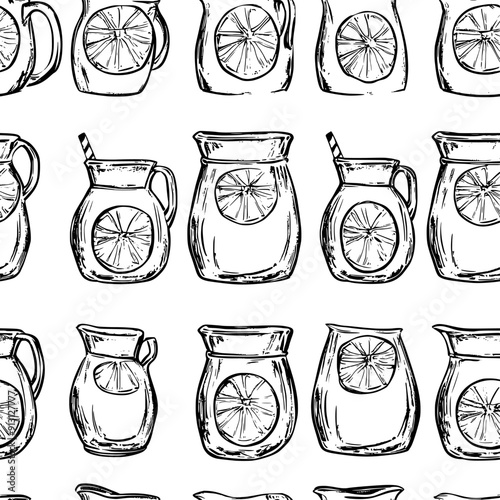 Rows of lemonade pitchers in a uniform grid on the sheet, seamless pattern vector