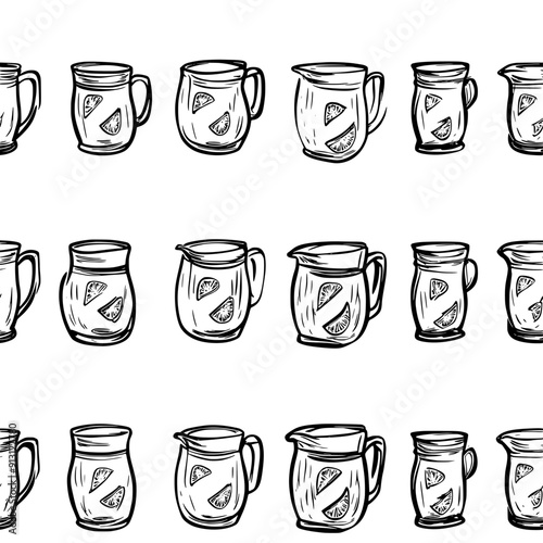 Rows of lemonade pitchers in a uniform grid on the sheet, seamless pattern vector