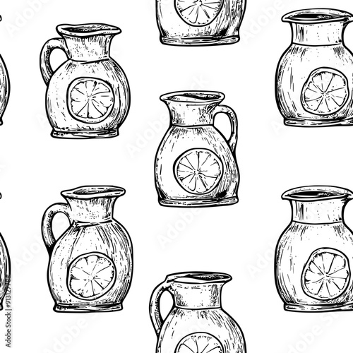 Rows of lemonade pitchers in a uniform grid on the sheet, seamless pattern vector