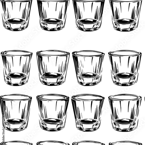 Rows of whiskey tumblers in a symmetrical layout, seamless pattern vector