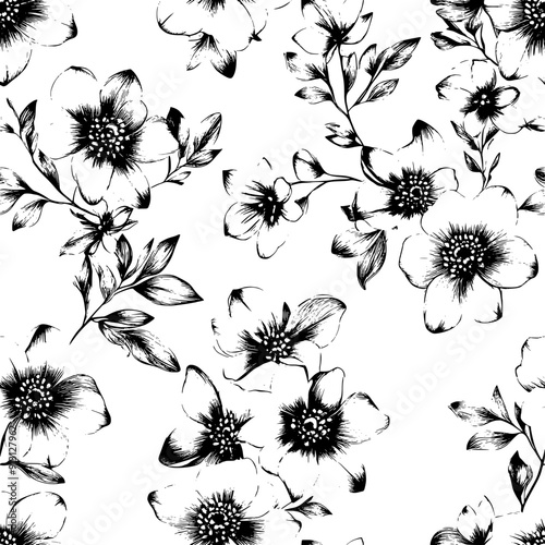 Sequence of flower clusters in a structured layout, seamless pattern vector
