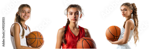 Set of A teenage girl in a sports uniform, holding a basketball isolated on transparent background  (2)