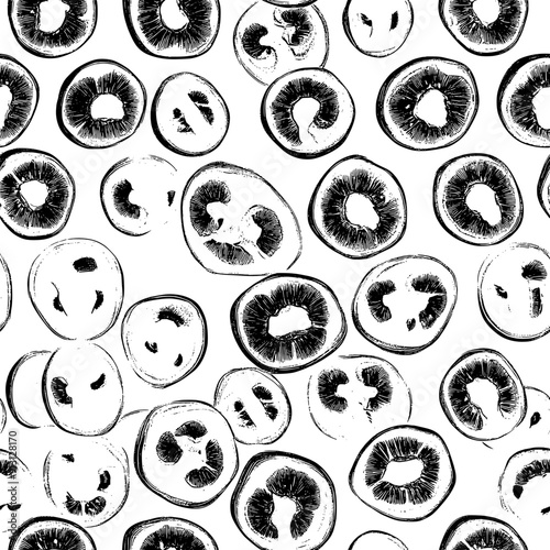 Series of sliced bell peppers and mushroom caps in a grid, seamless pattern vector