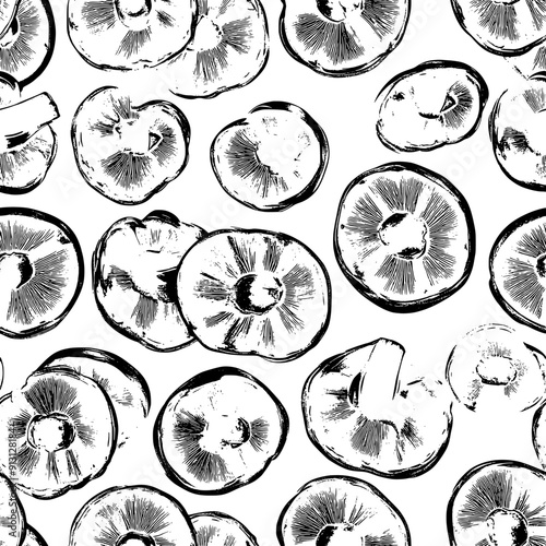 Series of sliced bell peppers and mushroom caps in a grid, seamless pattern vector