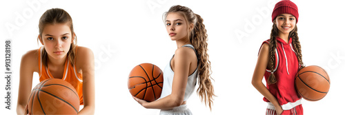 Set of A teenage girl in a sports uniform, holding a basketball isolated on transparent background  (3)