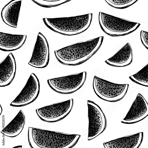 Watermelon wedges and seeds in a tessellated arrangement, seamless pattern vector