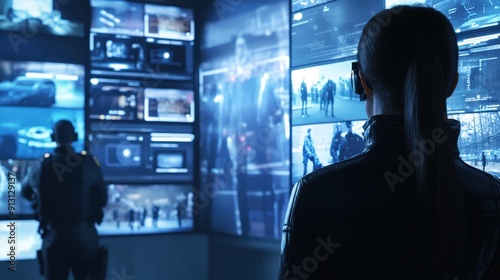 Two operators monitor large screens displaying surveillance footage and data in a futuristic control center during nighttime