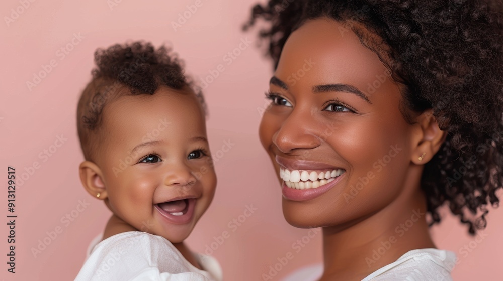 Studio portrait of a woman gazing lovingly at her beaming baby, illustrating their close and loving connection.