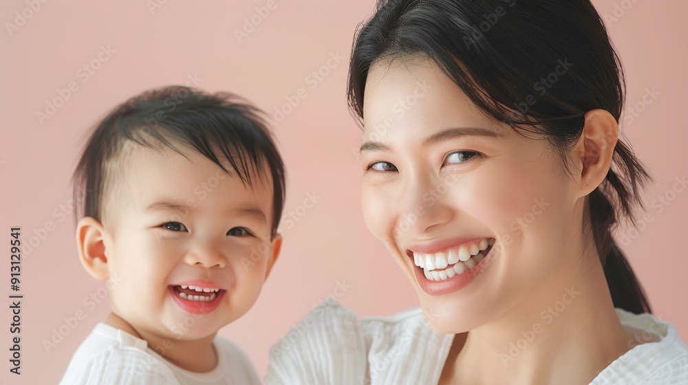 Touching studio photo of an Asian mother and her joyful baby, illustrating their loving connection and mutual delight. Touching studio photo of an Asian mother and her joyful baby, illustrating their loving connection and mutual delight.
