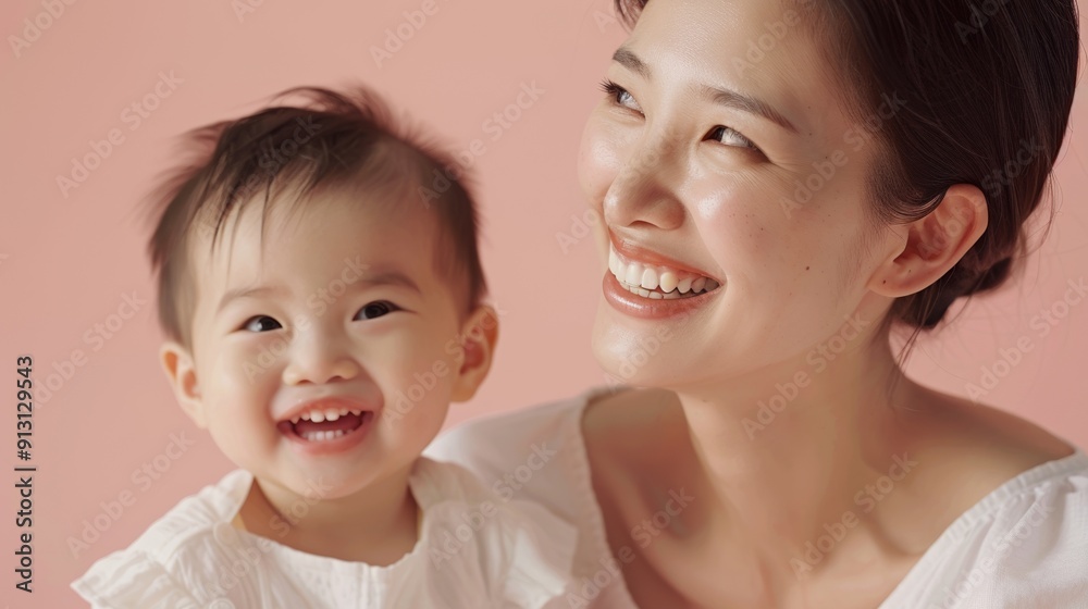 Studio image of an Asian mother and her grinning baby, showcasing their joyful bond and loving relationship. Studio image of an Asian mother and her grinning baby, showcasing their joyful bond and loving relationship.