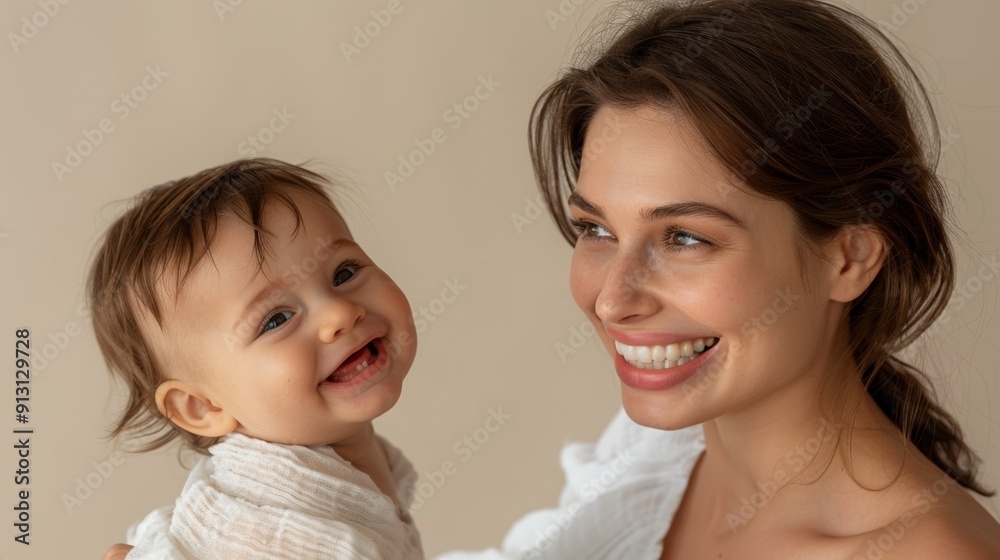Affectionate interaction of a mother and her joyful baby, captured in a light studio setting. Affectionate interaction of a mother and her joyful baby, captured in a light studio setting.