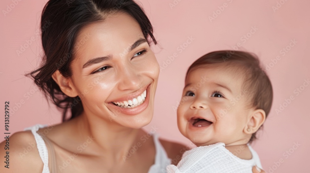 Gentle smiles shared between a mother and her cheerful baby, reflecting their affectionate bond. Gentle smiles shared between a mother and her cheerful baby, reflecting their affectionate bond.