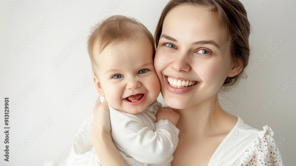 The joyful bond of a mother and her smiling baby is beautifully reflected in a light studio setting. The joyful bond of a mother and her smiling baby is beautifully reflected in a light studio setting.