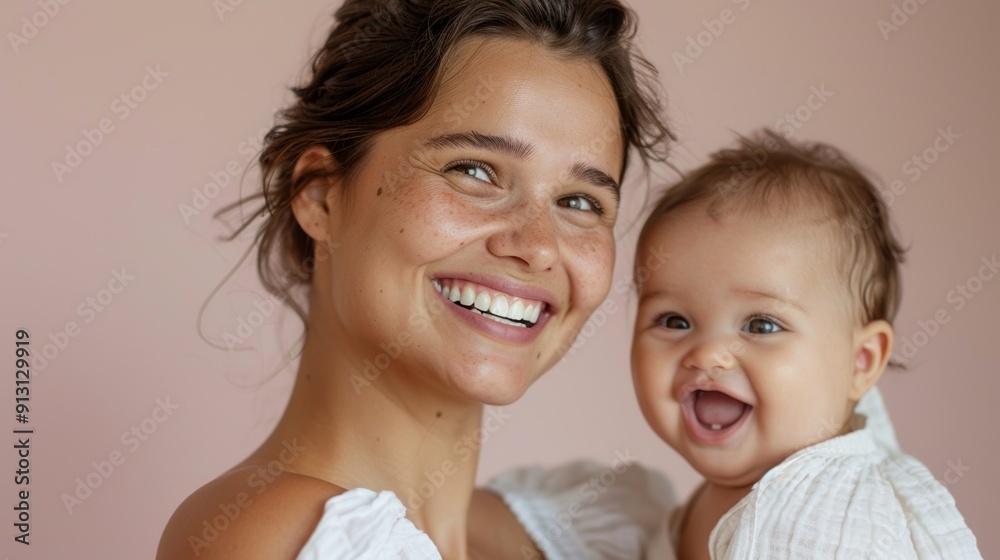 A tender interaction between a mother and her smiling baby is beautifully captured in a bright studio. A tender interaction between a mother and her smiling baby is beautifully captured in a bright studio.