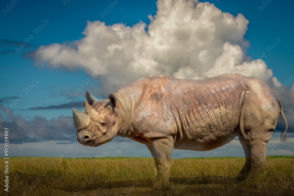 Fototapeta premium side view of a standing rhino in a grassy field