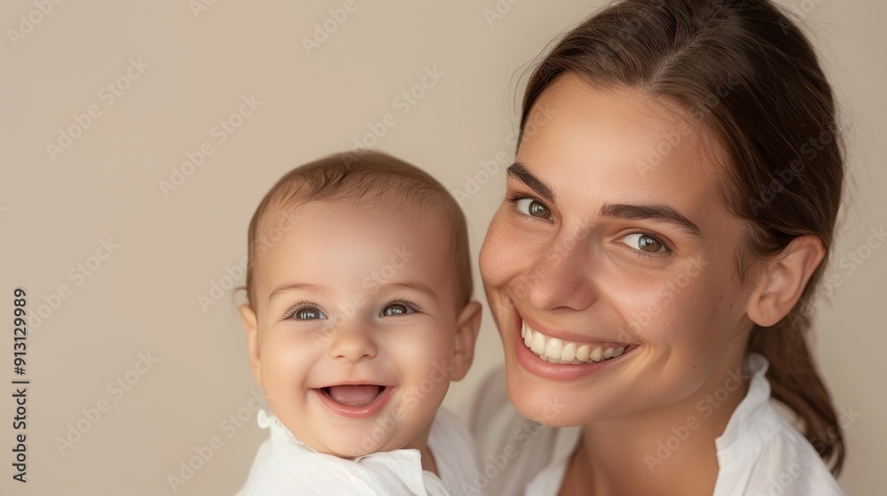 A mother's affectionate smile towards her beaming baby highlights their deep bond in a serene studio. A mother's affectionate smile towards her beaming baby highlights their deep bond in a serene studio.