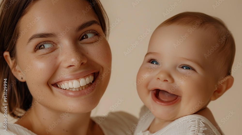 The loving connection between a mother and her joyful baby is beautifully depicted in a light-filled studio. The loving connection between a mother and her joyful baby is beautifully depicted in a light-filled studio.