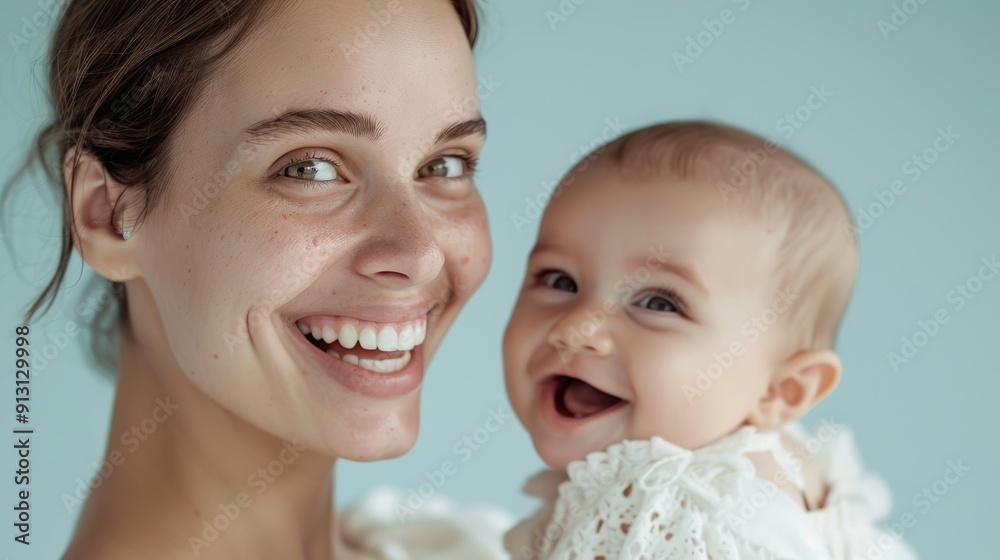 The gentle smiles of a mother and her joyful baby reflect a deep emotional bond in a bright studio. The gentle smiles of a mother and her joyful baby reflect a deep emotional bond in a bright studio.