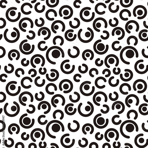 Seamless abstract textured pattern. Simple background black, white. Circles, dots, arcs, lines. Digital brush strokes. Design for textile fabrics, wrapping paper, background, wallpaper, cover.