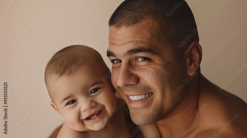 Studio portrait of a father and his beaming baby, capturing their loving connection and shared happiness in a light setting. Studio portrait of a father and his beaming baby, capturing their loving connection and shared happiness in a light setting.