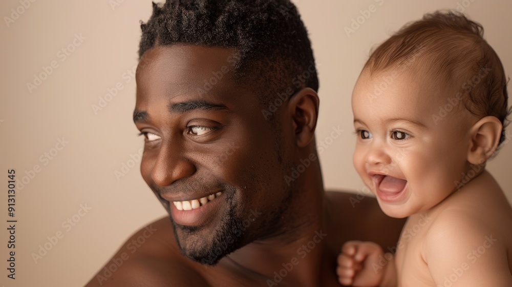 Studio image of a father and his smiling baby, radiating affection and joy, set against a bright and airy background. Studio image of a father and his smiling baby, radiating affection and joy, set against a bright and airy background.