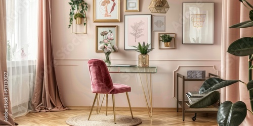 Feminine Home Office with Rose Pink Velvet Chair on Gold Hairpin Legs Glass Desk with Walnut Wooden Frame Gallery Wall Frames and Airy Curtains