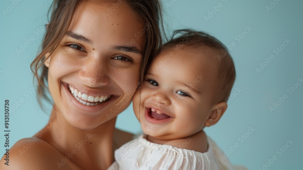 Reflecting their affectionate bond, a joyful studio portrait of a mother and her smiling baby. Reflecting their affectionate bond, a joyful studio portrait of a mother and her smiling baby.