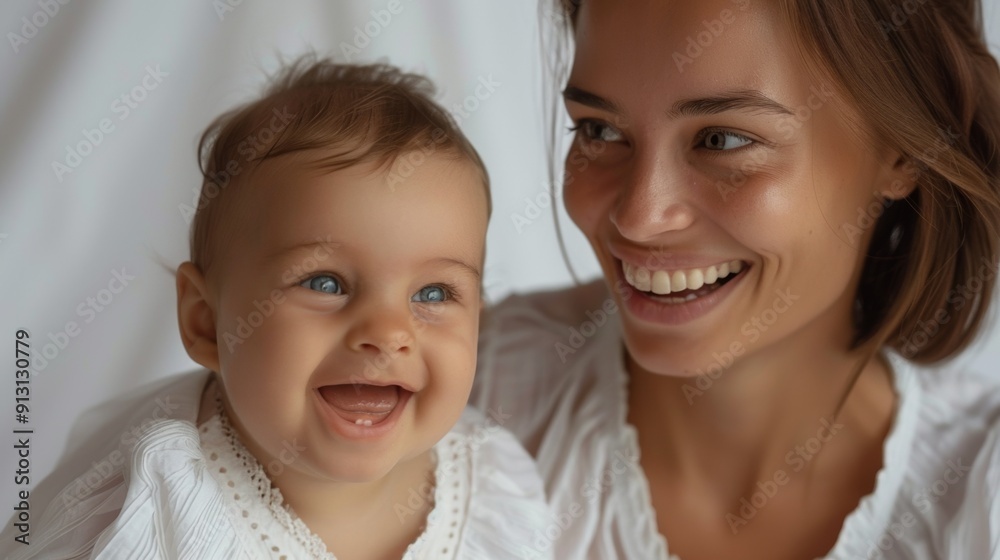 The gentle smiles of a mother and her joyful baby reflect a deep emotional bond in a bright studio. The gentle smiles of a mother and her joyful baby reflect a deep emotional bond in a bright studio.