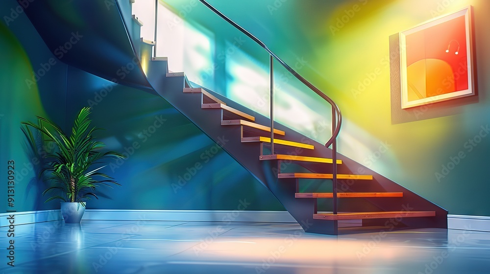 Φωτογραφία A painting of a staircase with a potted plant and a photo on the wall