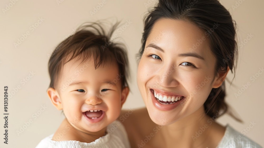 Studio portrait of an Asian mother and her smiling baby, capturing their tender bond and warm connection against a soft backdrop. Studio portrait of an Asian mother and her smiling baby, capturing their tender bond and warm connection against a soft backdrop.