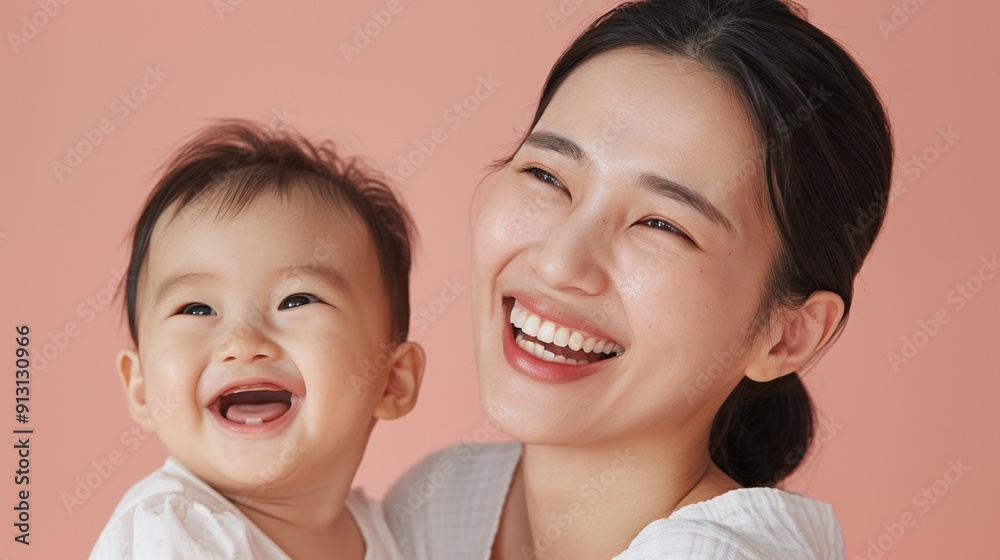Loving gaze of an Asian mother towards her beaming baby, captured in a serene studio environment. Loving gaze of an Asian mother towards her beaming baby, captured in a serene studio environment.