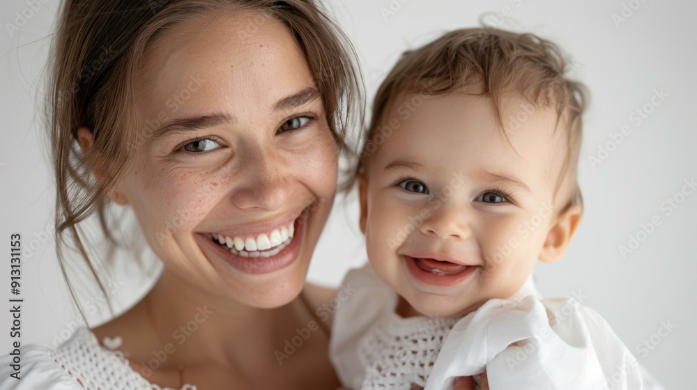 Joy radiates from the loving smiles of a mother and her happy baby in a light-filled studio. Joy radiates from the loving smiles of a mother and her happy baby in a light-filled studio.