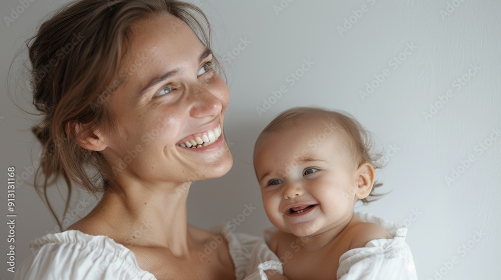 A mother's affectionate smile towards her beaming baby highlights their deep bond in a serene studio. A mother's affectionate smile towards her beaming baby highlights their deep bond in a serene studio.