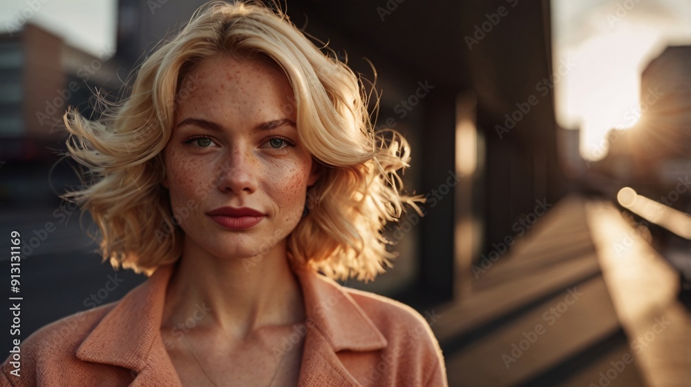 portrait of young smirking blonde woman in 20s. With a flat fluorescent cold yellowish lighting on modern city background. portrait of young smirking blonde woman in 20s. With a flat fluorescent cold yellowish lighting on modern city background.