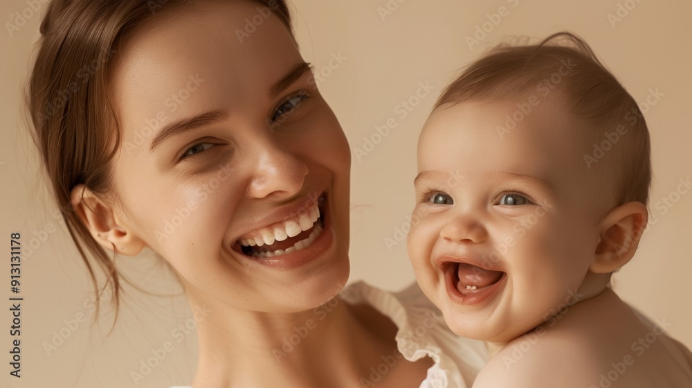 The loving connection between a mother and her joyful baby is beautifully depicted in a light-filled studio. The loving connection between a mother and her joyful baby is beautifully depicted in a light-filled studio.