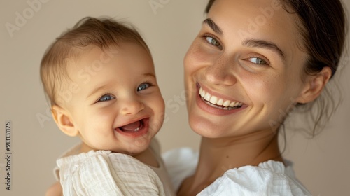 Tender and warm, the studio portrait of a mother and her happy baby radiates mutual affection.