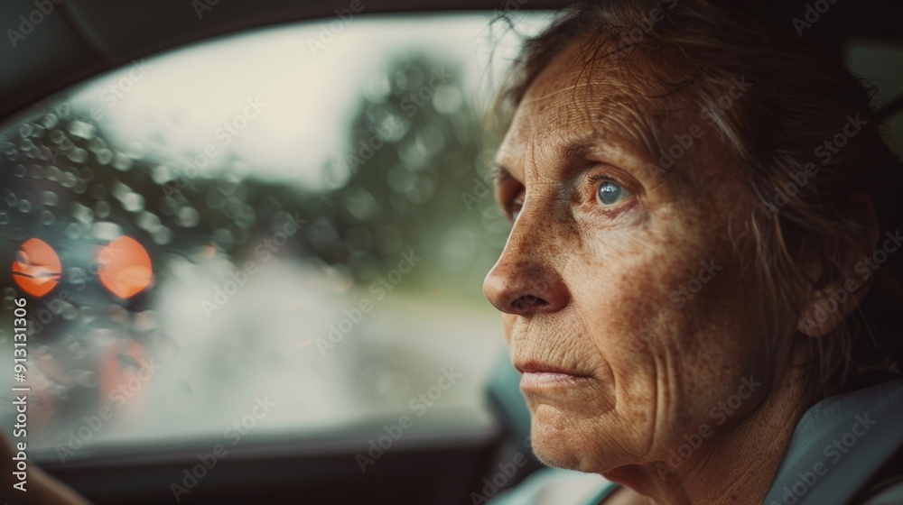 Thoughtful driver, middle-aged woman, closeup on a rainy day. Thoughtful driver, middle-aged woman, closeup on a rainy day.