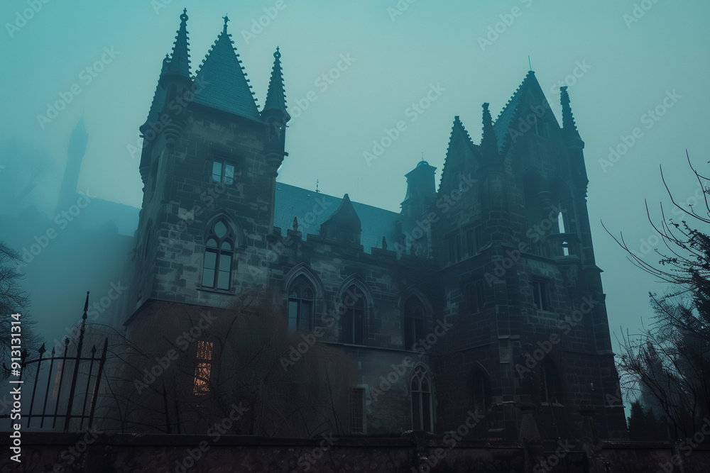 Obraz premium Spooky Gothic Castle on Foggy Night with Haunted Atmosphere