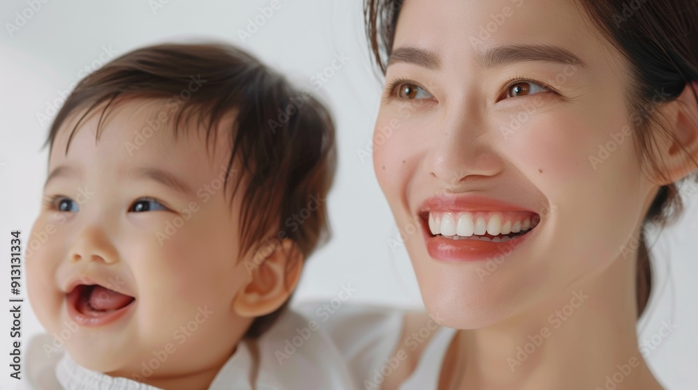 Gentle and affectionate moment between an Asian mother and her beaming baby, captured in a light studio. Gentle and affectionate moment between an Asian mother and her beaming baby, captured in a light studio.