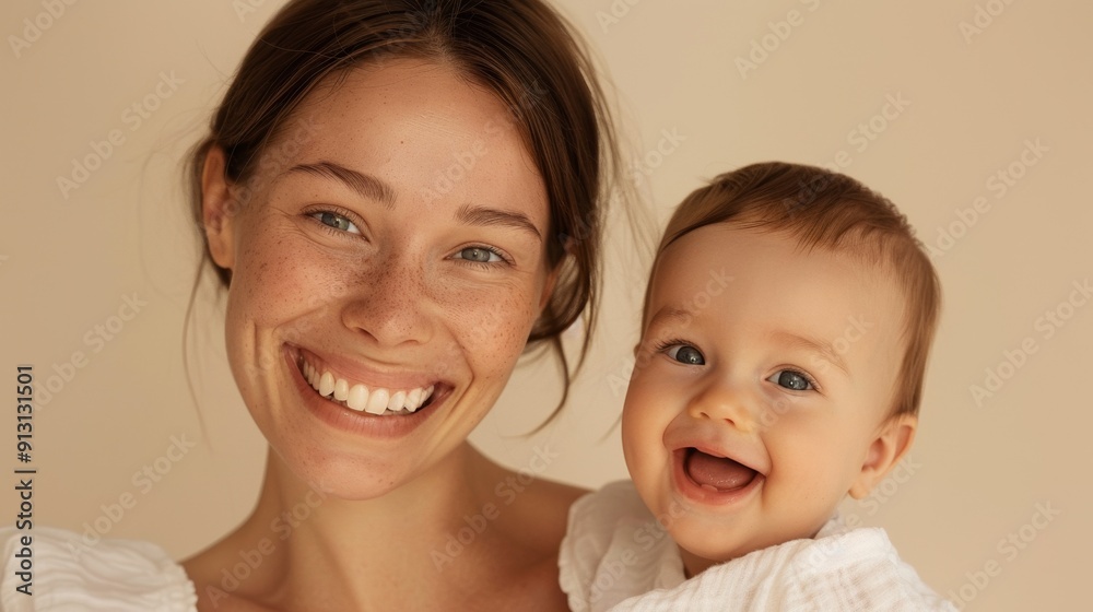 The strong bond between a mother and her smiling baby is highlighted in a serene studio setting. The strong bond between a mother and her smiling baby is highlighted in a serene studio setting.