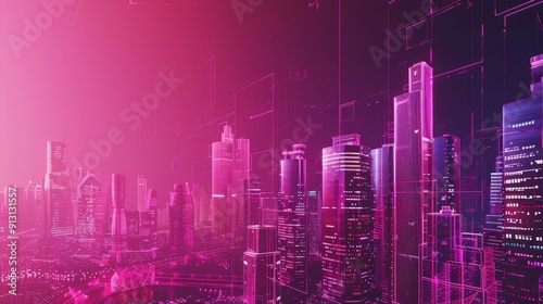 A futuristic cityscape with neon lights and a digital grid overlay, symbolizing the intersection of technology and urban life, rapid progress, connectivity, data flow, and the digital transformation o