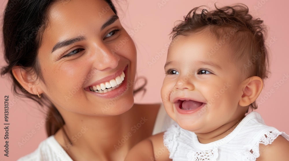 Joyful moment between a mother and her delighted baby, reflecting their deep bond in a bright studio. Joyful moment between a mother and her delighted baby, reflecting their deep bond in a bright studio.