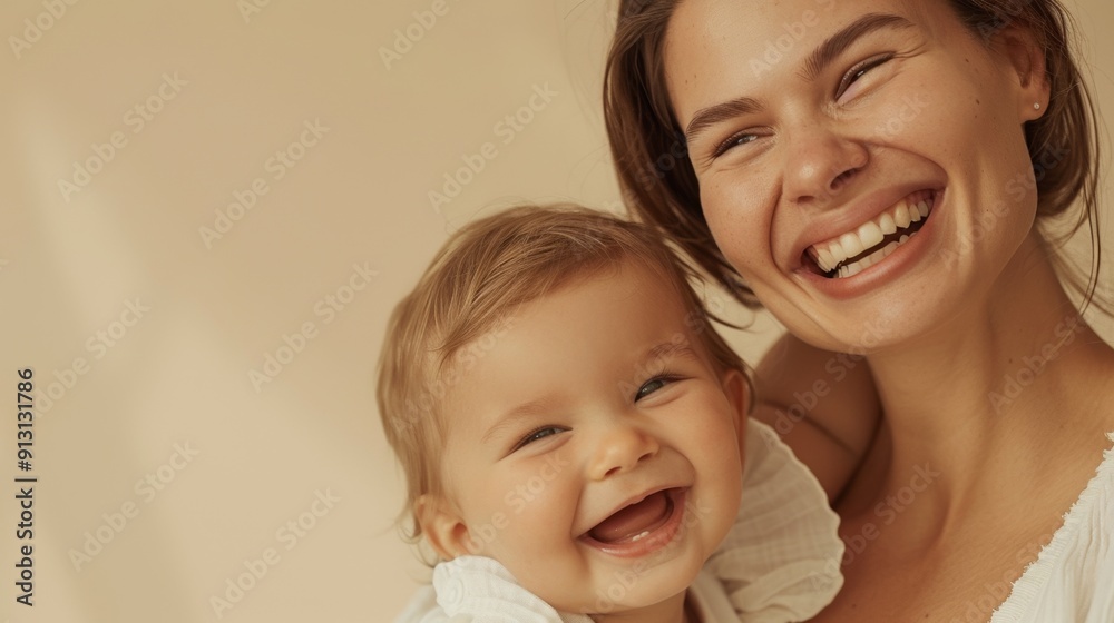 Warmth and love radiate from the smiles of a mother and her happy baby in a bright studio. Warmth and love radiate from the smiles of a mother and her happy baby in a bright studio.