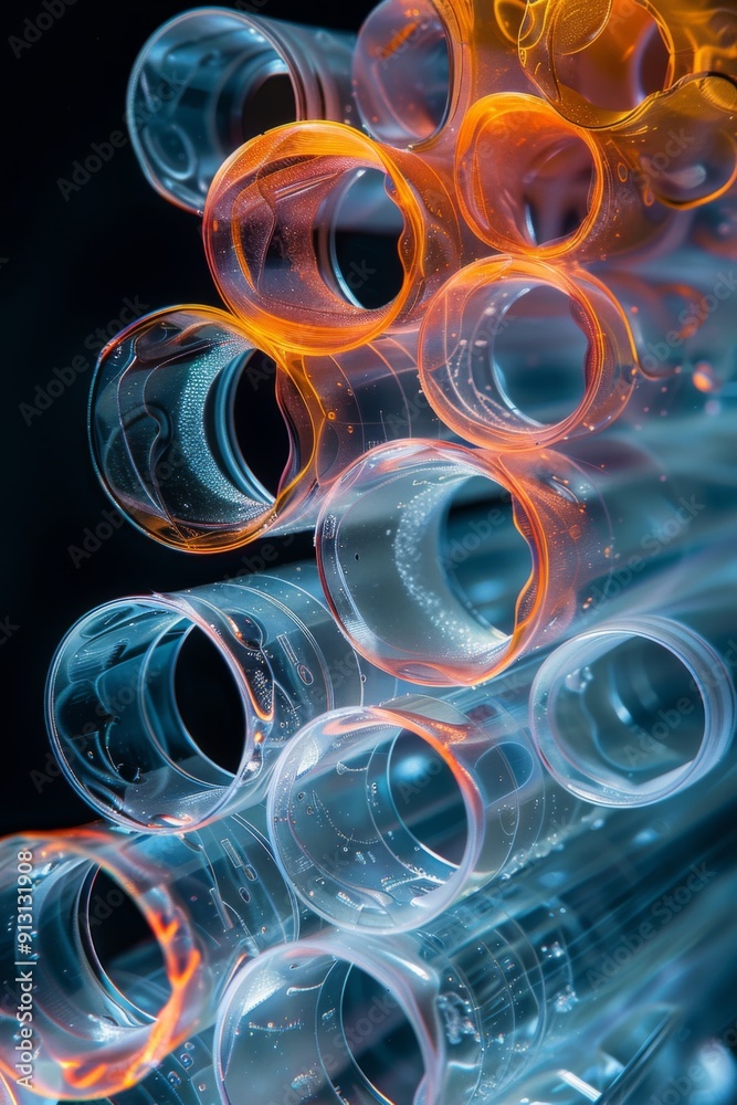A series of tubes with blue and orange colors. The tubes are arranged in a way that they look like they are connected to each other. The tubes are clear and have a shiny appearance A series of tubes with blue and orange colors. The tubes are arranged in a way that they look like they are connected to each other. The tubes are clear and have a shiny appearance
