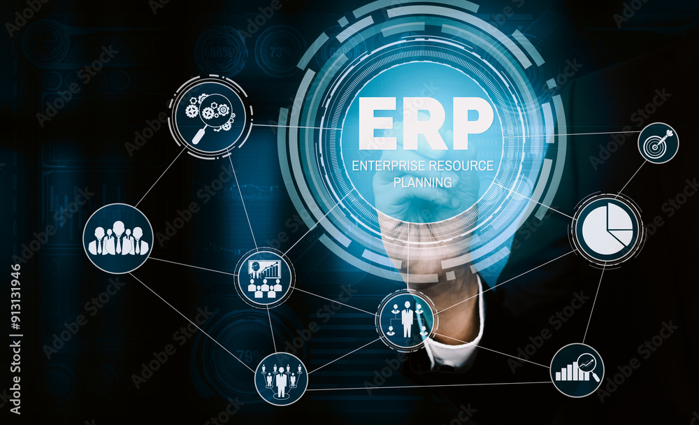 Enterprise Resource Management ERP software system for business resources plan presented in modern graphic interface showing future technology to manage company enterprise resource. uds Enterprise Resource Management ERP software system for business resources plan presented in modern graphic interface showing future technology to manage company enterprise resource. uds