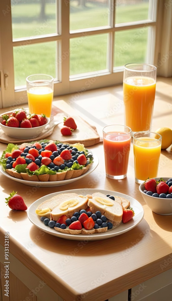A vibrant and cheerful breakfast scene with a bowl of fresh fruit, a glass of orange juice, and a sandwich on a plate, all set on a kitchen counter with natural light streaming in A vibrant and cheerful breakfast scene with a bowl of fresh fruit, a glass of orange juice, and a sandwich on a plate, all set on a kitchen counter with natural light streaming in